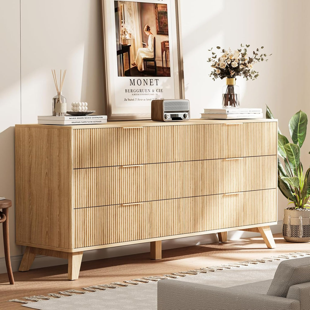Fluted Dresser with 6 Drawers, 53.43 Inch Wood Double Dresser with Metal Handles Curved Design Wide Storage Organizer Cabinet Modern Chest Dressers for Bedroom Living Room Hallway(Oak)