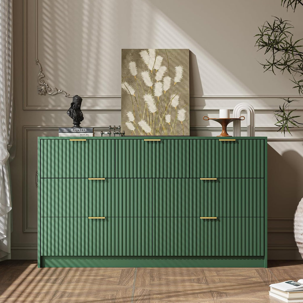 MAISONARIA Green 7 Drawer Dresser for Bedroom, 55.9' Wide Modern Fluted Dresser with Gold Metal Handles, Wide Chest of Drawers for Bedroom, Living Room, Entryway, Hallway