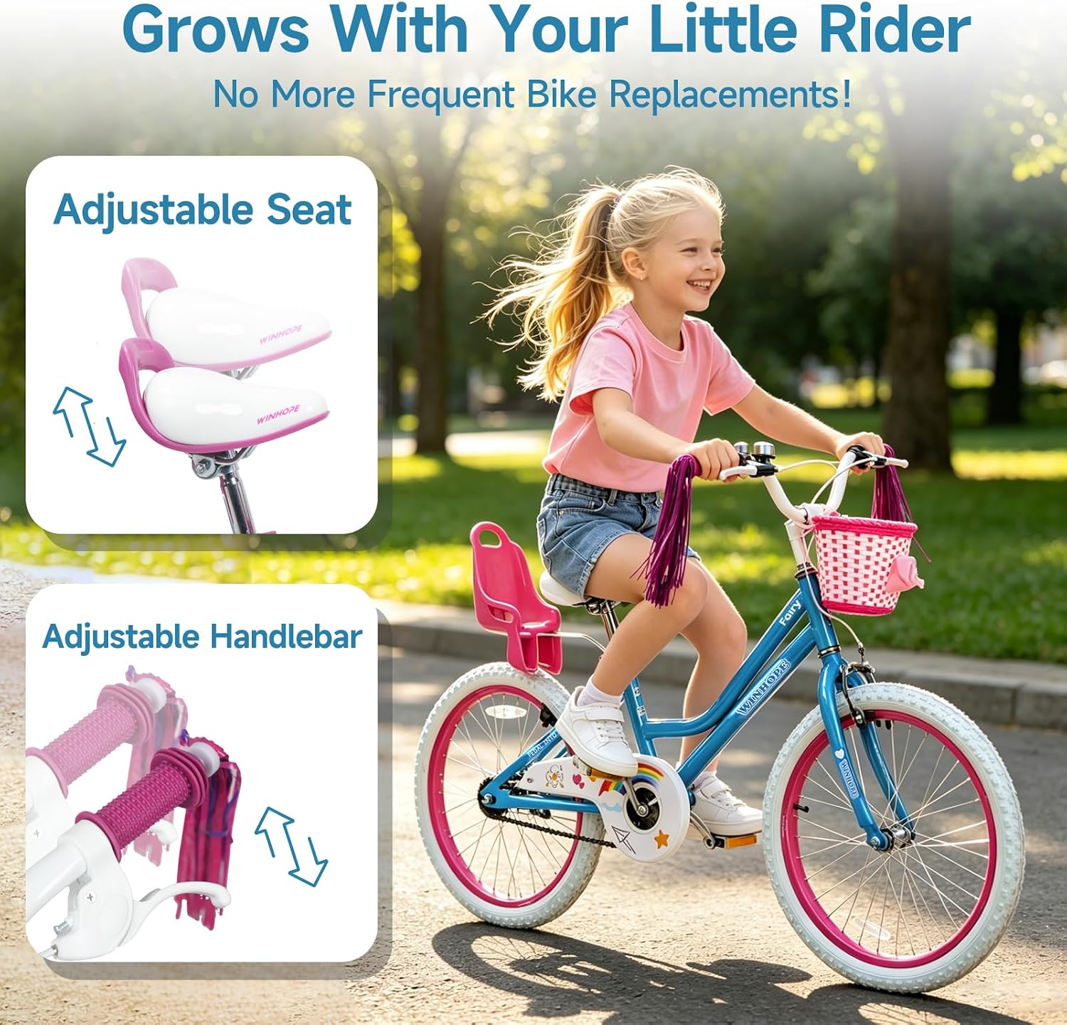 WinHope Girls Bike with Doll Seat, 12 14 16 18 20 Inch Kids Bike for 2-12 | Dual Brake with Training Wheels / Kickstand & Streamers Birthday Gift for Toddler Outdoor Riding, Multiple Colors