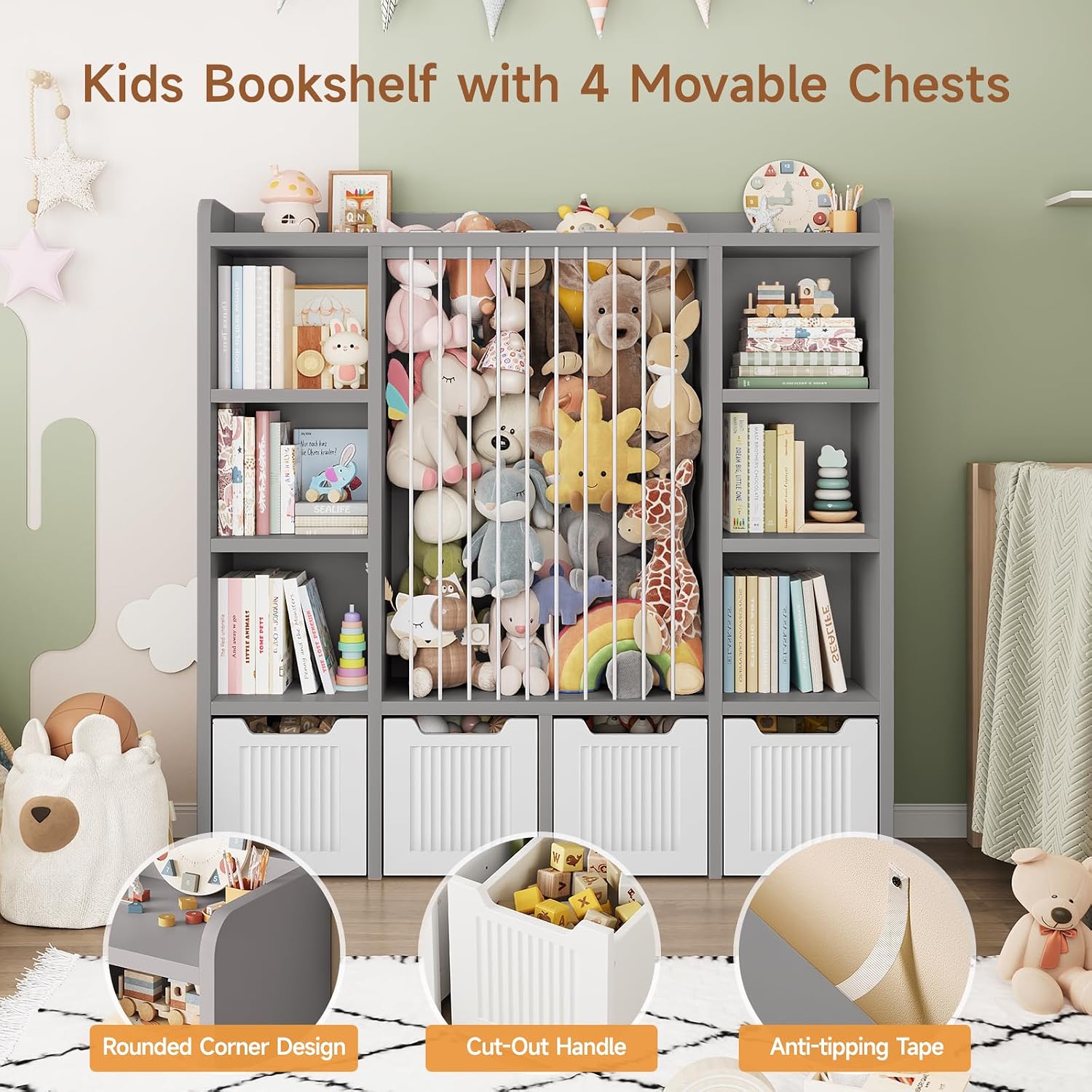 ONBRILL Toy Storage Organizer, Toddler Stuffed Animal Storage, Kids Toy Shelf with 6 Open Cubbies & 4 Movable Toy Chest, Bookshelf for Kids Room Playroom Bedroom Nursery (Grey)