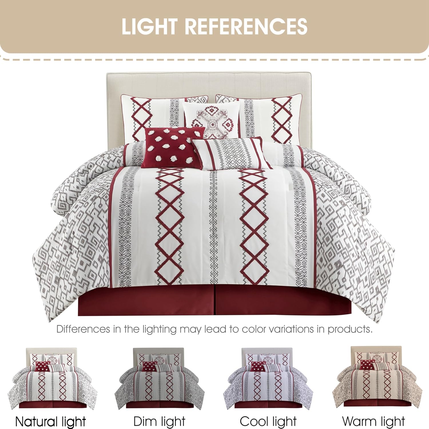 Grand Avenue White Red Comforter Set California King Size, 7 Piece Terry Embroidery All Season Bedding Set, Bedskirt, Pillows & Shams