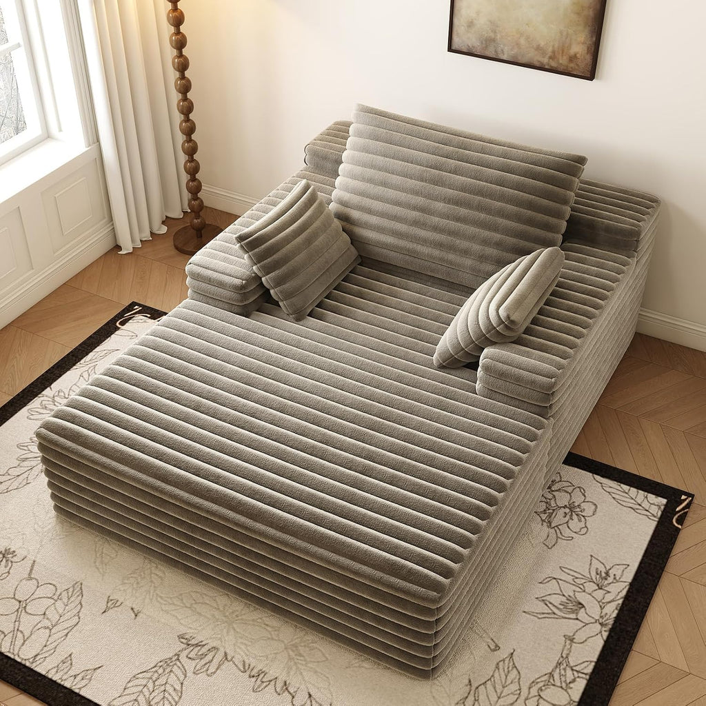 Oversized Chaise Lounge Chair Indoor, 62.6' Cloud Boneless Sleeper Couch Corduroy Upholstered Sofa Bed Deep Seat Comfy Reading Chair with 3 Pillows for Living Room Bedroom, Camel