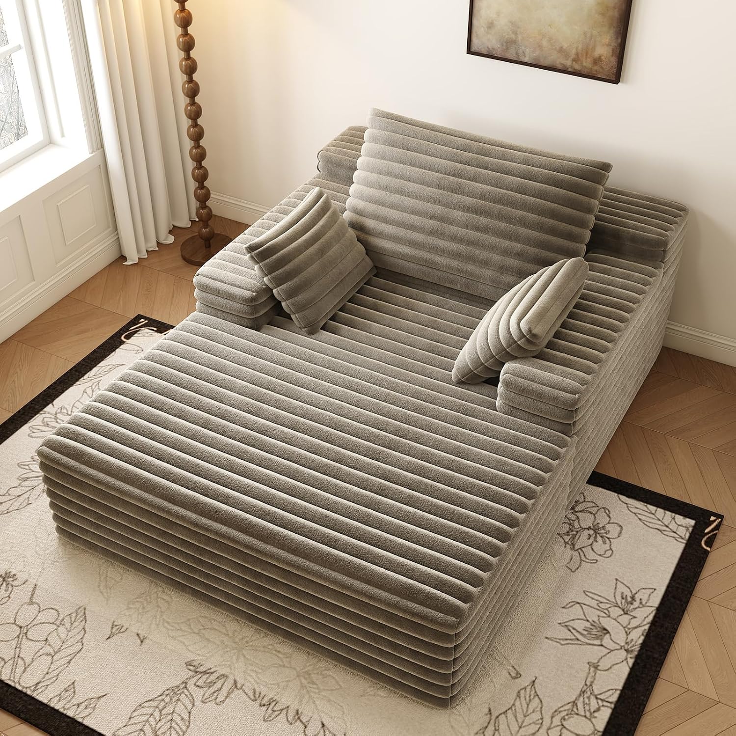 Oversized Chaise Lounge Chair Indoor, 62.6' Cloud Boneless Sleeper Couch Corduroy Upholstered Sofa Bed Deep Seat Comfy Reading Chair with 3 Pillows for Living Room Bedroom, Camel