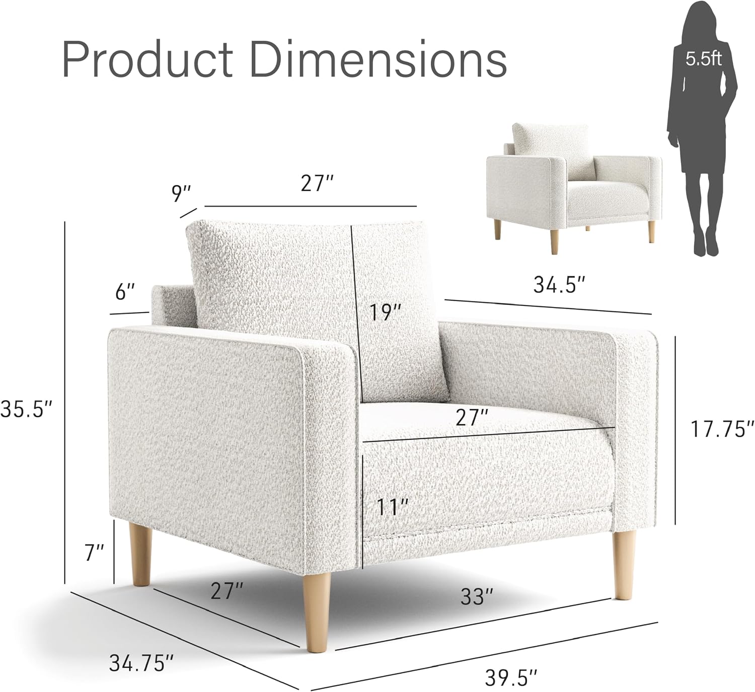 Furniture of America Oriana Contemporary Boucle Accent Chair with Back Pillow and Wooden Legs, Fabric Upholstered Armchair, Comfy Single Sofa Chair for Living Room, Bedroom, Home Office, Off-White