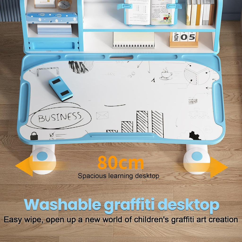 Kids Desk and Chair Set, Height Adjustable Study Desk for Kids Ages 3–12, Easy-Turn Crank Ergonomic Desk with 50° Tiltable Desktop, Storage Drawer & Bookshelf (015-Blue)