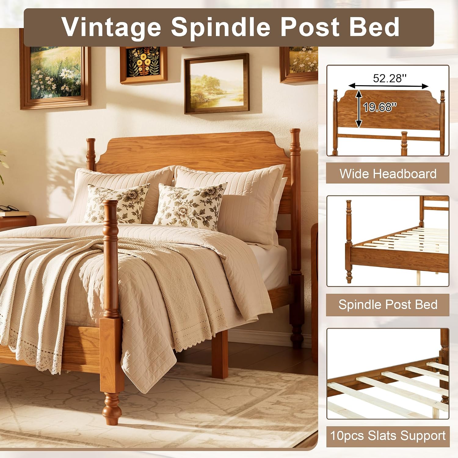 Merax Vintage Wood Spindle Post Bed with Headboard, Full Size Traditional Platform Bed Frame/No Box Spring Needed/Easy Assemble, Light Walnut