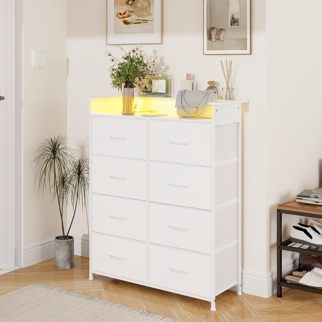 White Dresser for Bedroom with Power Outlets and LED Lights Narrow 8 Fabric Drawers Dressers Tall Storage Tower Unit for Entryway Closet Hallway Living Room Sturdy Steel Frame Wooden Top