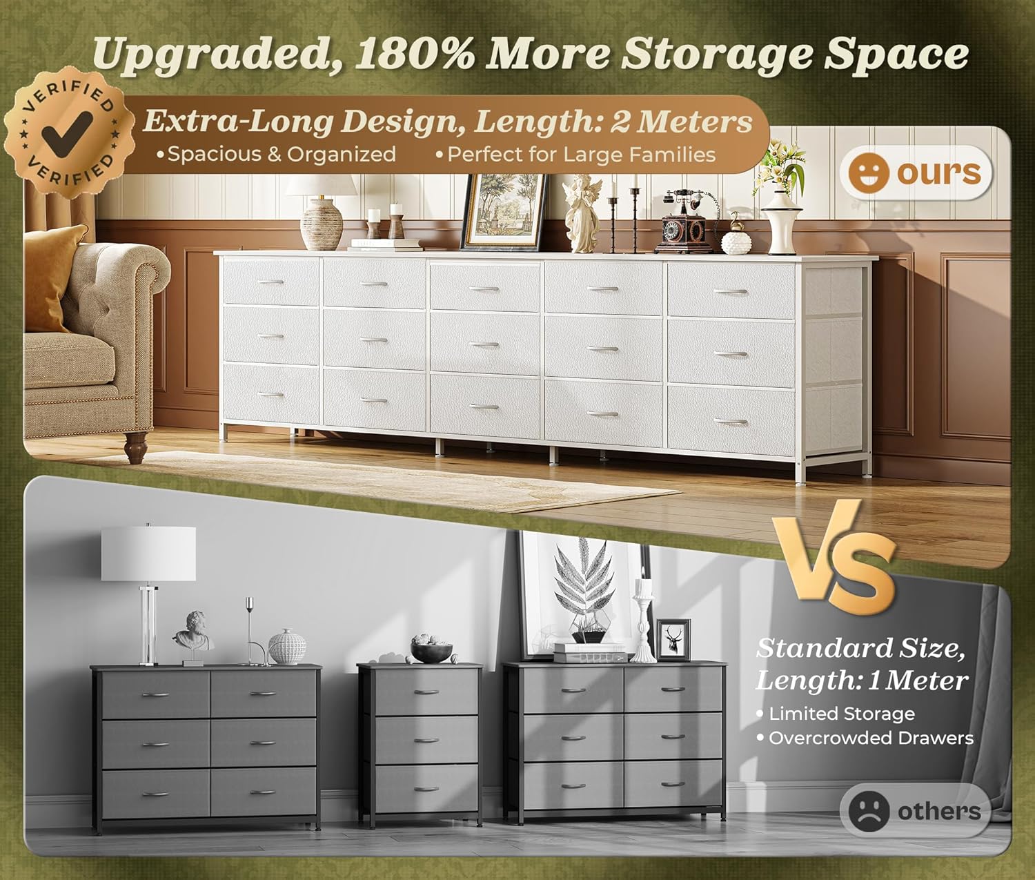 Huuger 78.7 inch Long Dresser for Bedroom, 15 Drawer Fabric Dresser for Closet, Large TV Stand for 65, 75, 85 inch TV, Wide Chest of Drawer with Storage, 78.7' W x 12.9' D x 26.7' H, White