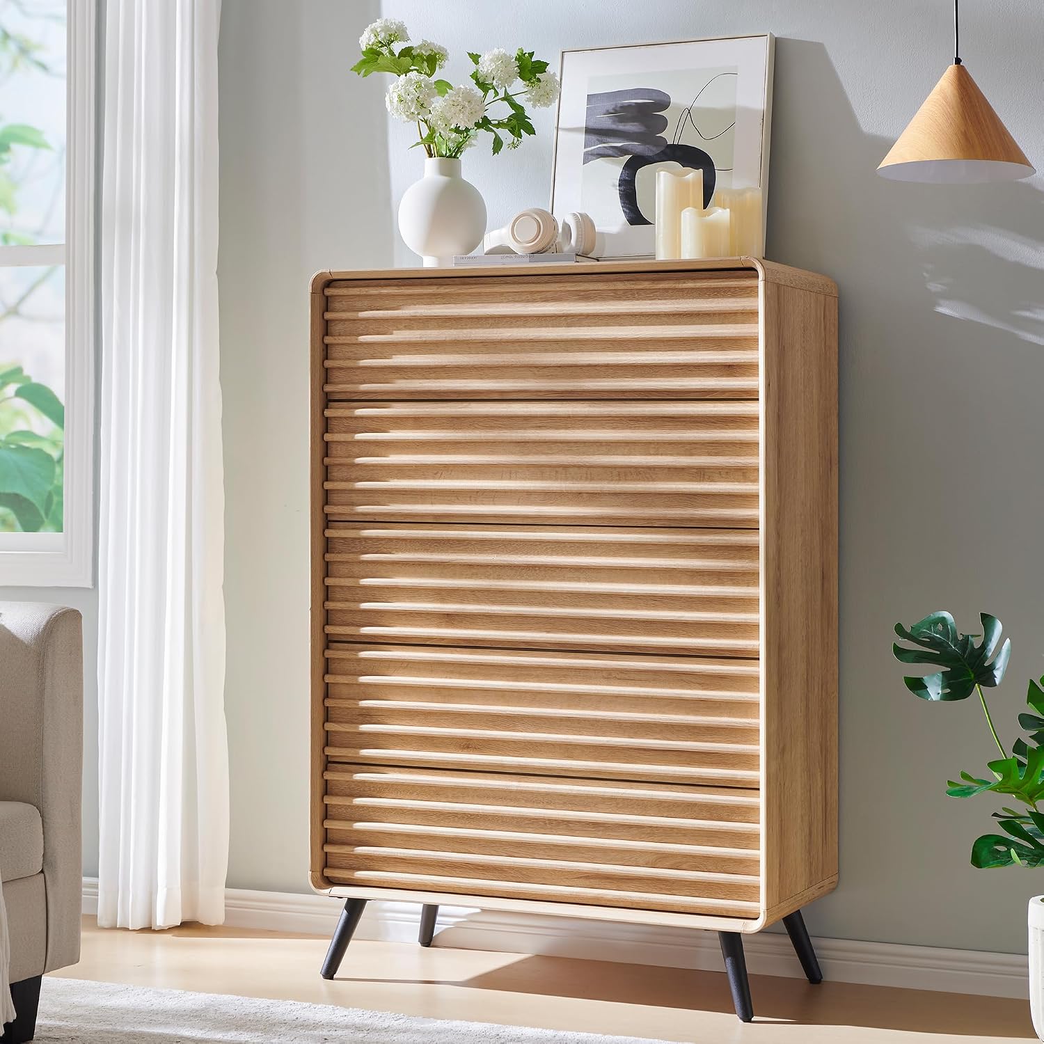 RedLemon 5 Drawers Dresser for Bedroom, 48'' Tall Mid Century Modern Wood Fluted Dresser, Chest of Drawers with Tapered Leg for Bedroom, Living Room, Hallway, Closet,Natural Oak