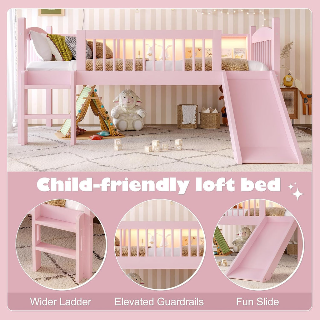 JIVOIT Twin Loft Bed with Storage Shelves, Solid Wood Lower Loft Bed with Full-Length Guardrails, Wood Slats Support, Space-Saving Design, No Box Spring Needed (Pink,Twin,51)