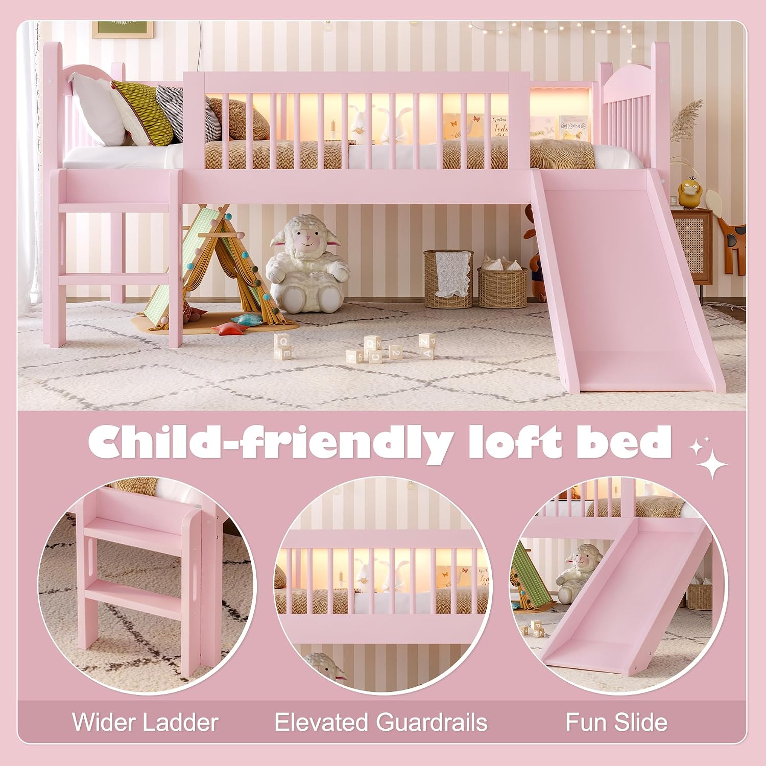 JIVOIT Twin Loft Bed with Storage Shelves, Solid Wood Lower Loft Bed with Full-Length Guardrails, Wood Slats Support, Space-Saving Design, No Box Spring Needed (Pink,Twin,51)