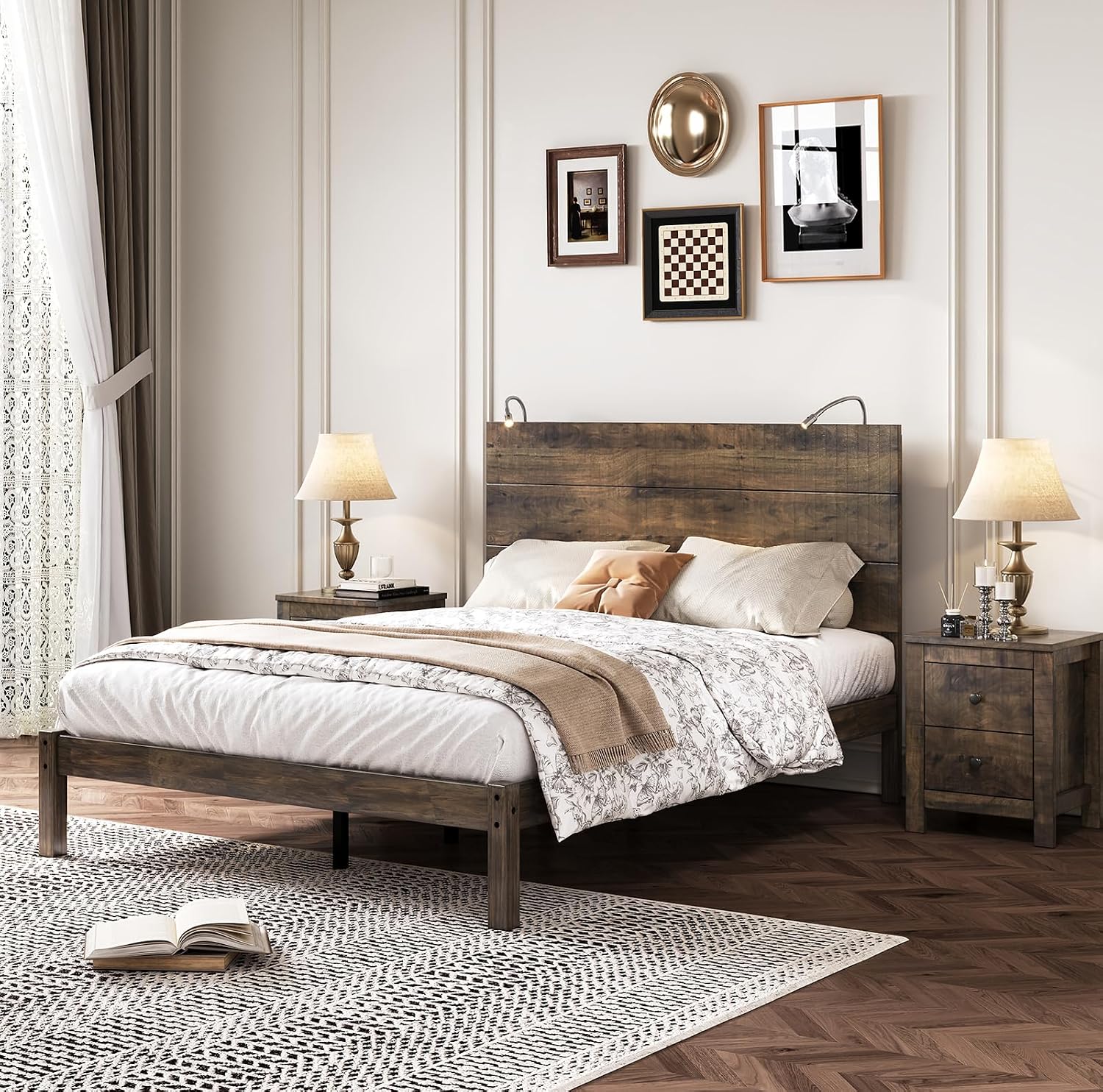 3-Piece Bedroom Set, Full Size Farmhouse Wooden Platform Bed Frame with Headboard and Built-In Lights, 2-Drawer Nightstands,Under-Bed Storage,Easy Assembly (Antique Walnut, Full 3 Piece Set)