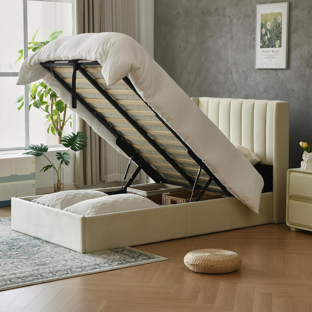 YUHUASHI Queen Size Hydraulic Storage Bed, Upholstered Platform Bed Frame, Modern Wingback Design Headboard, Velvet Fabric with Hydraulic Support Bars, No Box Spring Required (Cream, Twin)