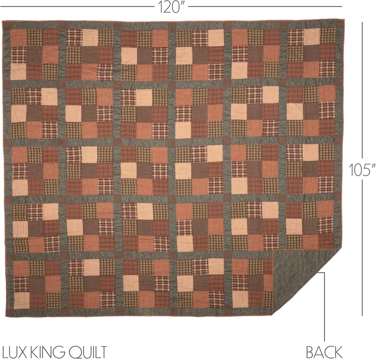 VHC Brands Crosswoods Patchwork Cotton Primitive Bedding Pre-Washed Luxury King Quilt, Dark Olive Green