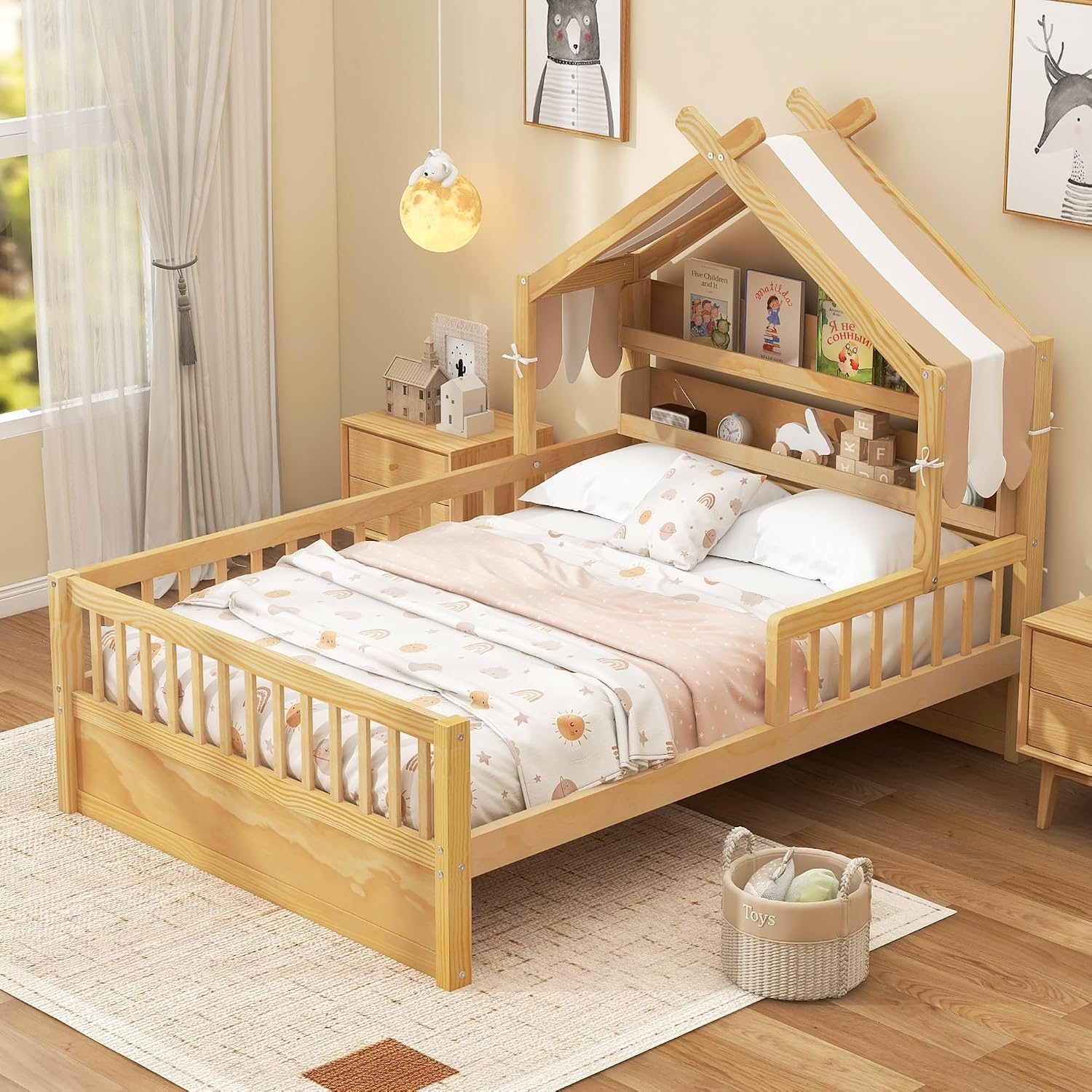 Merax Twin Size House Bed with Storage Headboard Shelf & Removable Canopy, Wooden Platform Bed Frame with Guardrail for Boys Girls Teens Bedroom Use, No Box Spring Needed, Natural