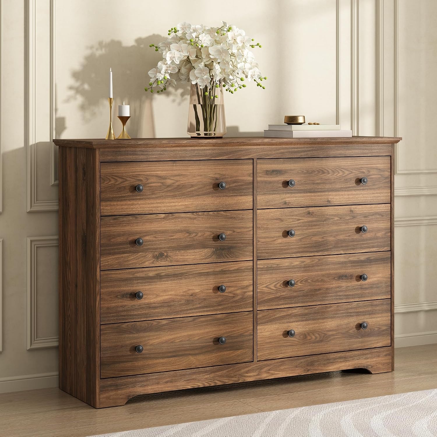 Dresser for Bedroom, 8 Drawer Dresser with Large Drawers, 51 Inch Wide Wood Chest for Living Room, Hallway, Walnut