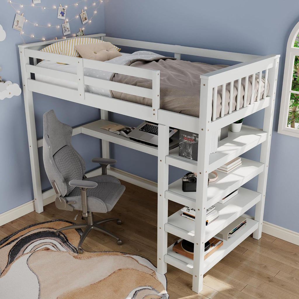 Merax Wood Loft Bed,Loft Bed with Desk and Shelves with 4-Storage Shelves and Under-Bed Desk,Solid Wood Bed, Full Size,White