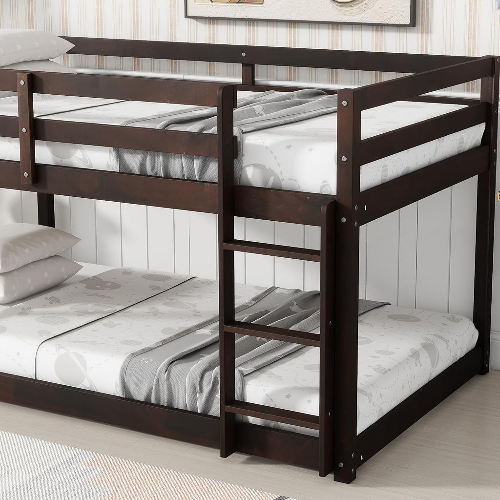 Ball & Cast Twin Over Twin Bunk Bed,Solid Rubber Wooden Low Floor Platform Bed with Ladder and Full Length Guardrail,Slat Support,Bedroom Furniture for Girls Boys,Espresso