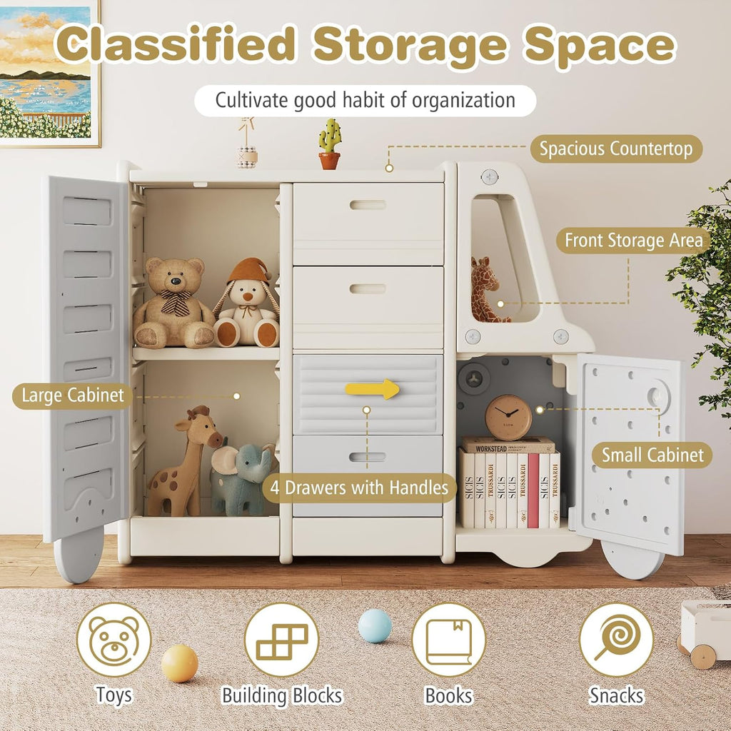 HONEY JOY Kids Toy Storage Organizer, Bus-Shaped Children Cabinet w/ 4 Pull-Out Drawers with Handles, Large & Small Cabinets, Spacious Countertop, Storage Organizer for Playroom, Classroom, Daycare