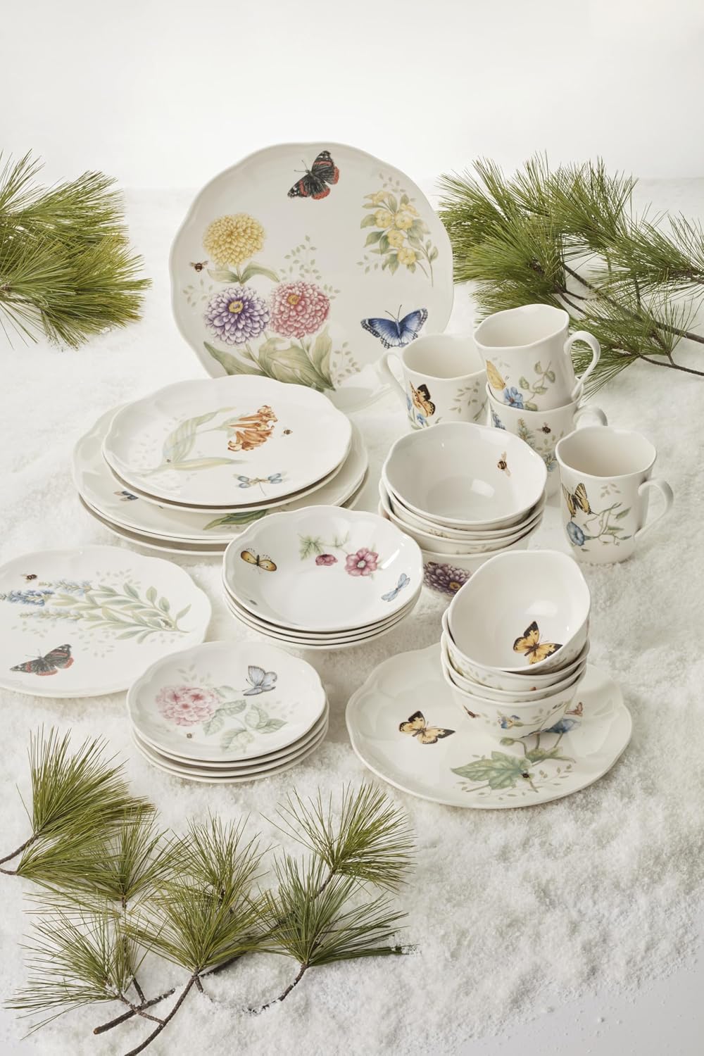 Lenox Dinnerware Set, Butterfly Meadow 28-Piece Set, Service For 4, Porcelain Plates With Scalloped Edges, Plates And Bowls Sets, Microwave Safe, Dishwasher Safe, Home & Kitchen (28 Piece, Assorted)