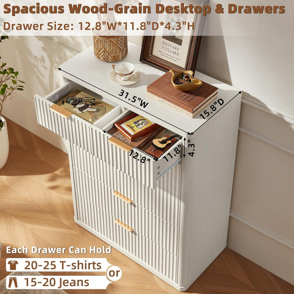LEYAOYAO Fluted 6 Drawers Dresser for Bedroom, 42' Tall Modern Chest of Drawers with Metal Handle, Curved Profile Design,White Wood Drawer Organizer for Bedroom, Living Room, Hallway, Entryway