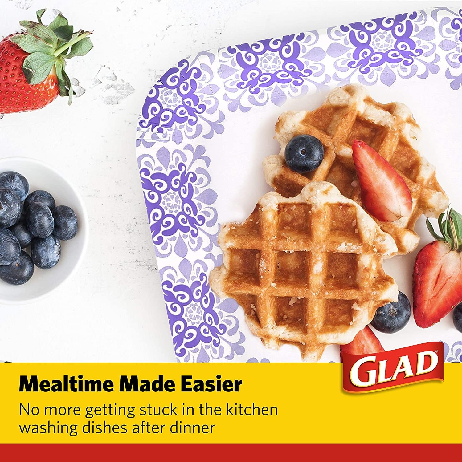 Glad Square Heavy Duty Paper Plates, Soak Proof and Cut Proof Disposable Plates for Parties and Everyday Meals, Microwaveable for Easy Serving, Purple Victorian Pattern, 8.5 Inch, 50 Count - 12 Pack