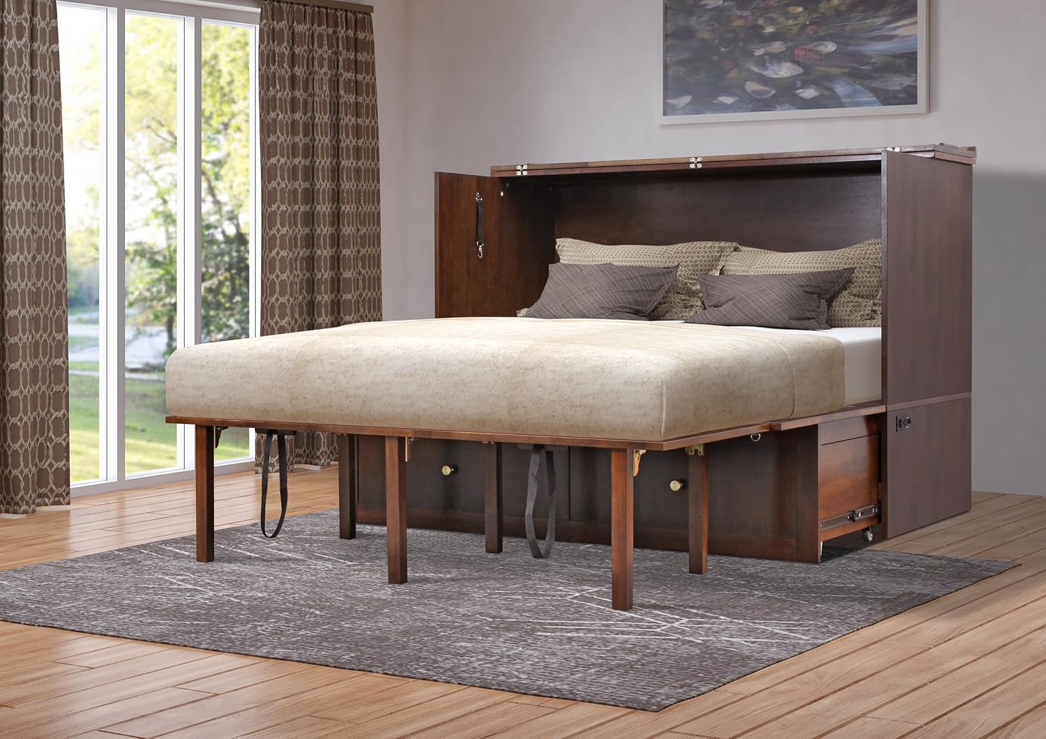 Mega Solutions Notturno Murphy Cabinet Bed Queen 8 inch Save Space in Style with Elegant Chestnut Wood Finish Charging Station - Guest Room or Small Apartment Must-Have