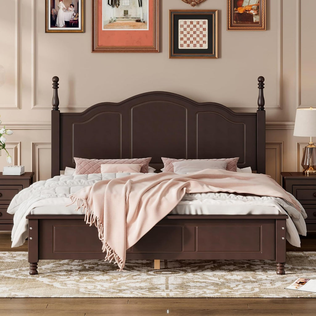 JIVOIT Wood Queen Bed Frame with Headboard and Footboard, Retro Style Platform Bed with Wooden Slat Support, Solid Wood Foundation, Queen Size Wooden Bed Frame (Dark Walnut, Queen Bed, 1)