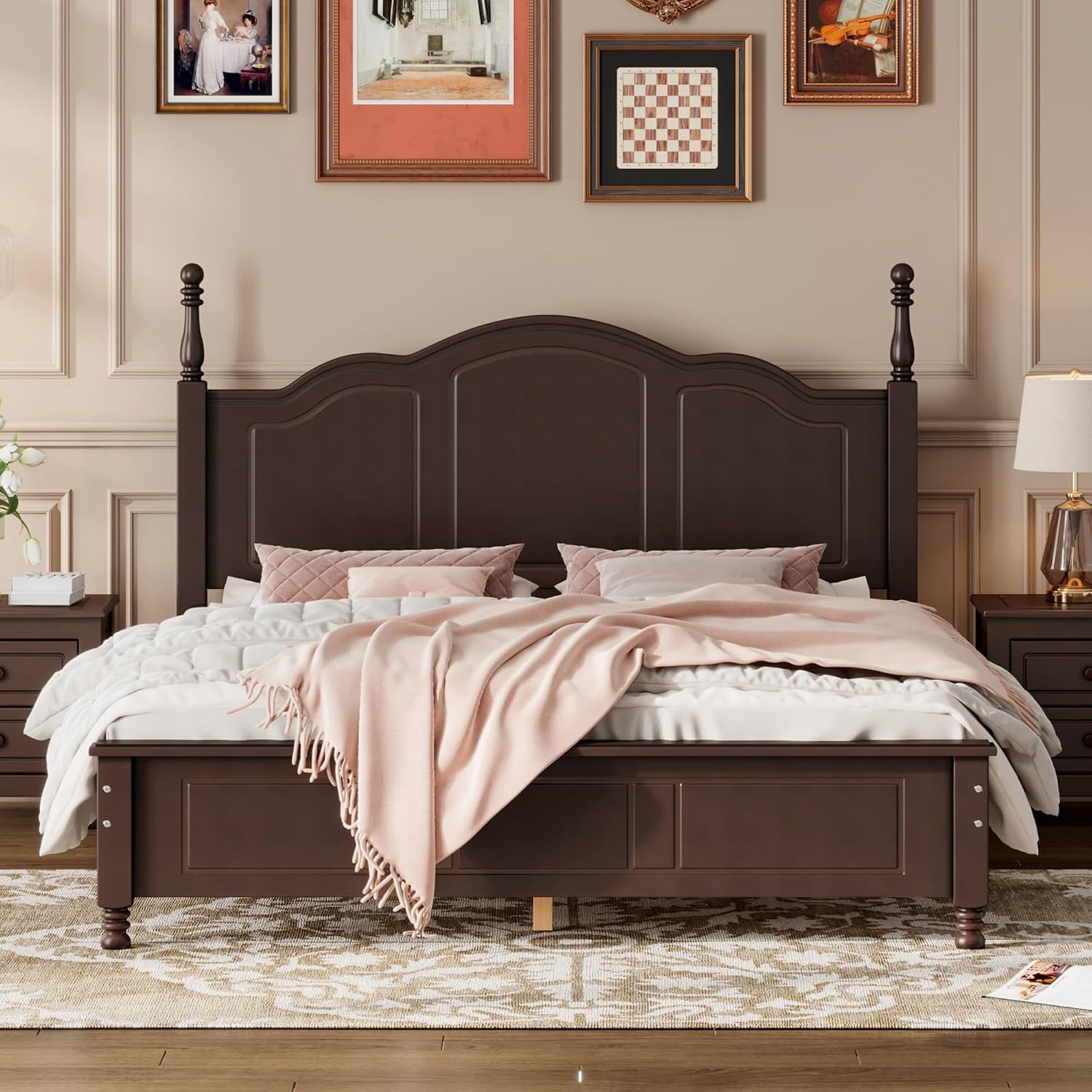 JIVOIT Wood Queen Bed Frame with Headboard and Footboard, Retro Style Platform Bed with Wooden Slat Support, Solid Wood Foundation, Queen Size Wooden Bed Frame (Dark Walnut, Queen Bed, 1)