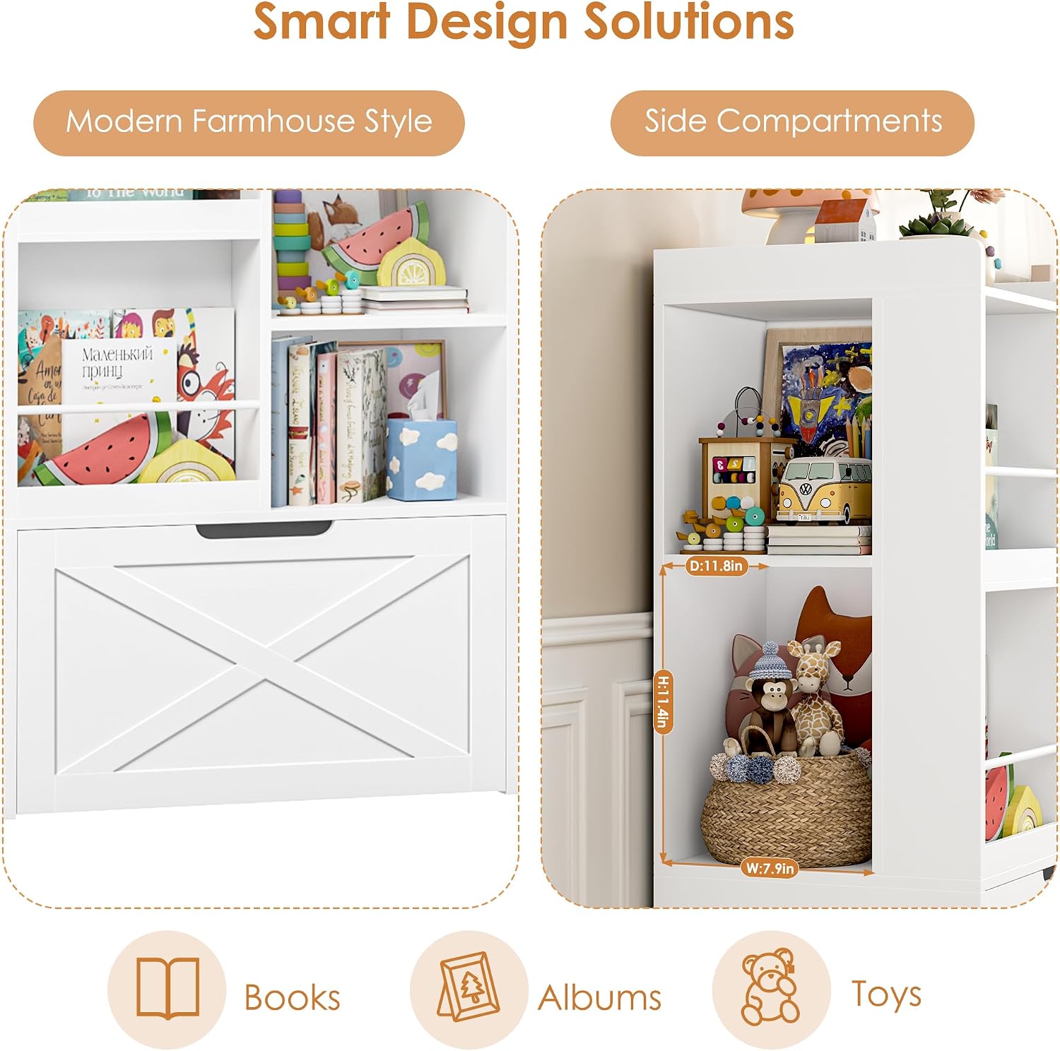 FINETONES 75' W Kids Bookshelf with Reading Nook, Large Toy Storage Toy Organizer with Seat Cushion and 2 Movable Drawers, Kids Reading Nook Kid Bench for Playroom Living Room, White