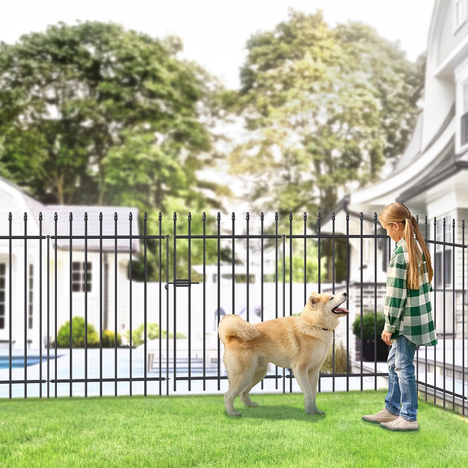 FOREHOGAR Metal Garden Fence with Gate 42 in H x 11.5 ft L, 1 Gate + 4 Panels Border Fence Panels Animal Barrier for Dogs, No Dig Garden Fencing for Yard Patio Flower Bed Lawn Outdoor, Black