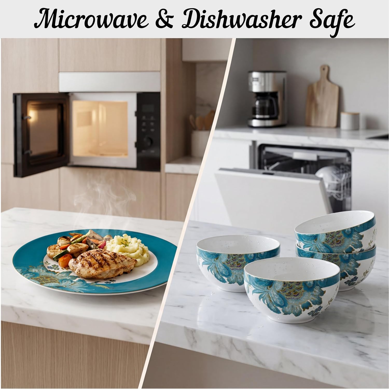 222 Fifth 16-Piece Porcelain Dinnerware Set for 4, Elegant Floral Plates and Bowls Sets-White, Teal, Gold Ceramic Dishes, Chip Resistant Kitchen and Dining Dish Set, Microwave & Dishwasher Safe, Eliza