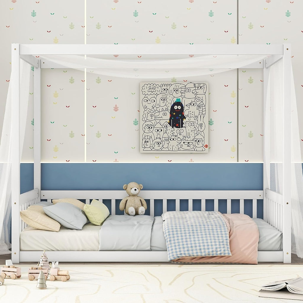 Twin Size Canopy Bed Frame with Guardrails for Kids,Floor Bed Twin with Four Poster Design,Kids Montessori Floor Bed,Wood Canopy Bed Frame for Girls,Boys(Twin,White)