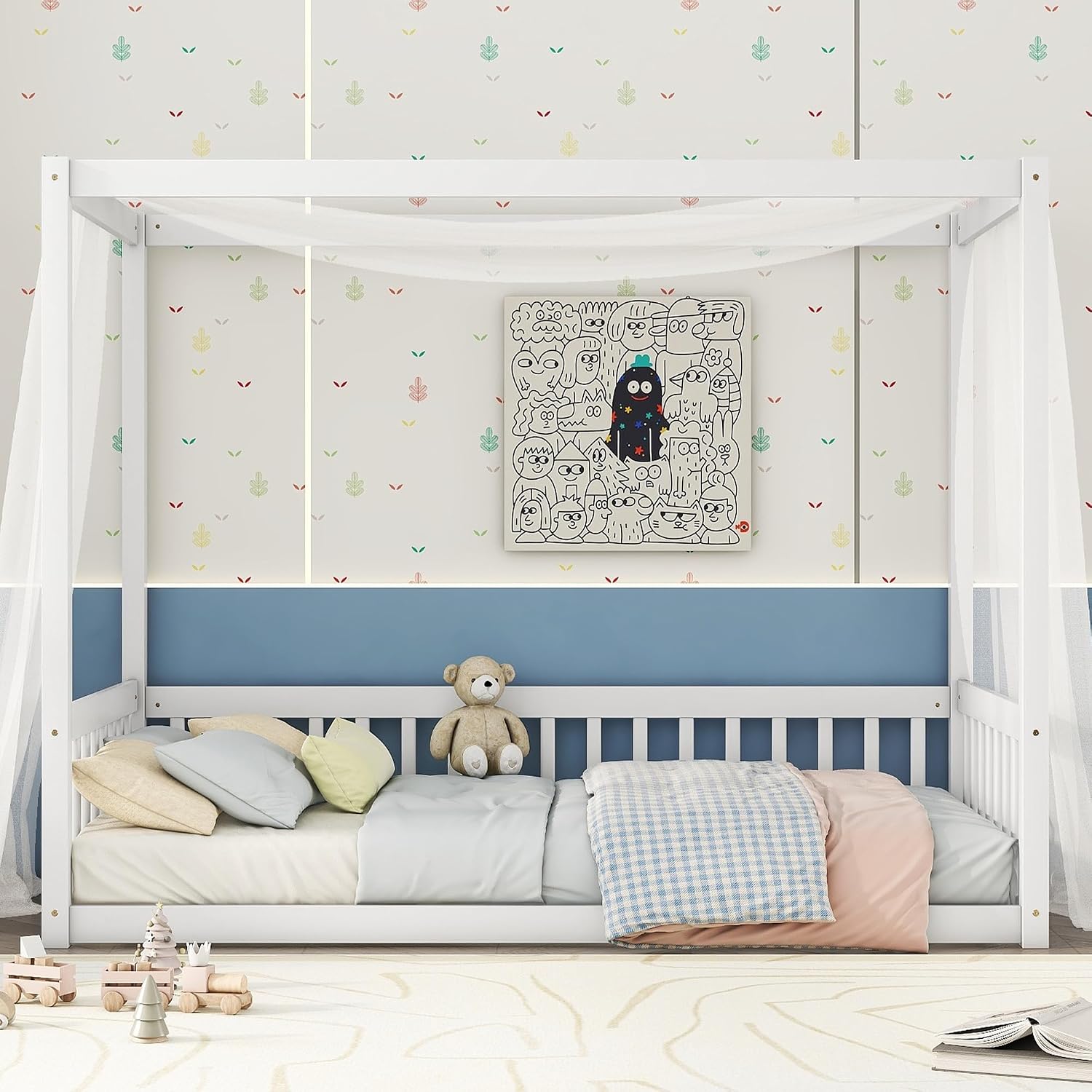 Twin Size Canopy Bed Frame with Guardrails for Kids,Floor Bed Twin with Four Poster Design,Kids Montessori Floor Bed,Wood Canopy Bed Frame for Girls,Boys(Twin,White)