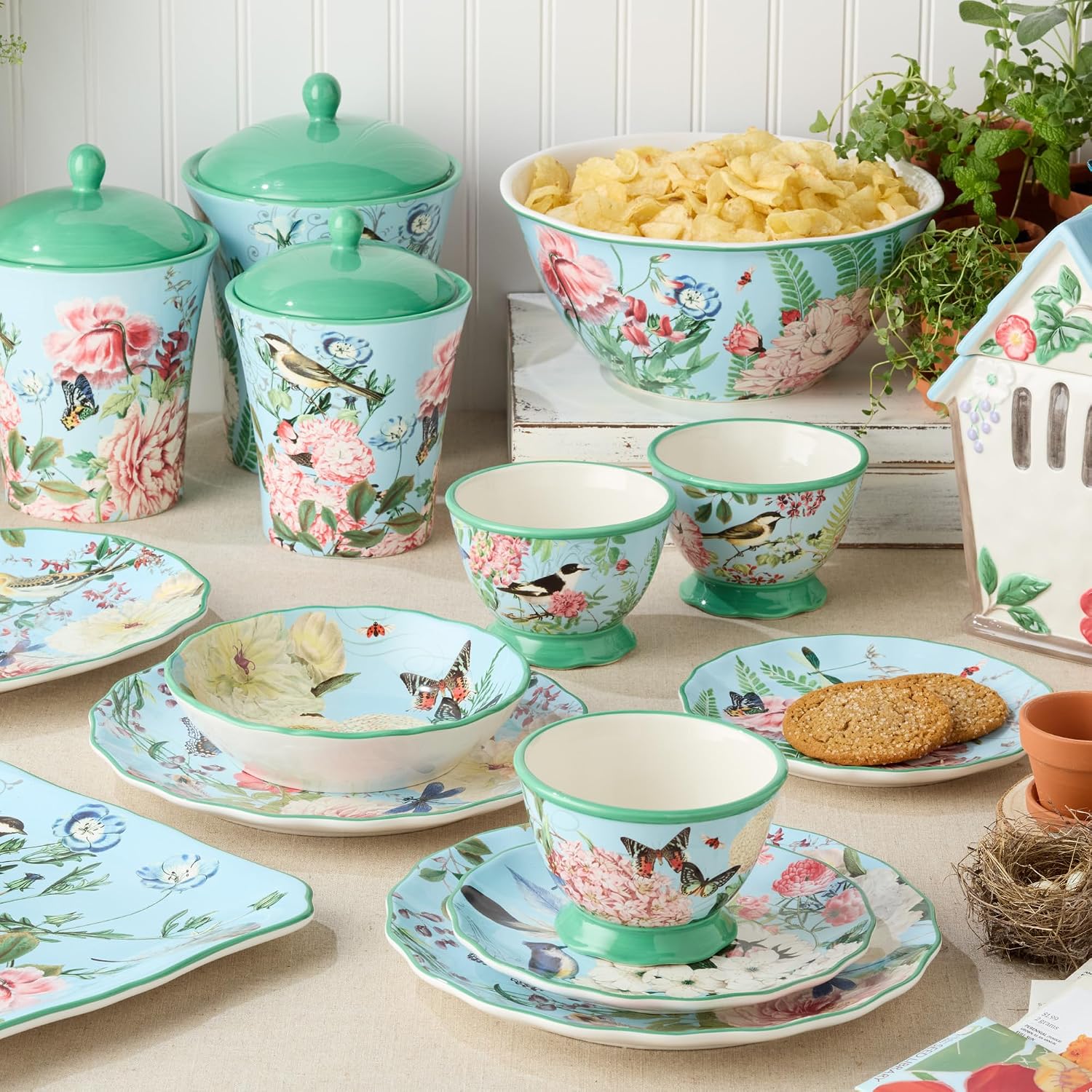 Flora 16-Piece Dinnerware Set, Service for 4 – Includes Dinner Plates, Dessert Plates, Pedestal Mugs, and Pedestal Ice Cream Bowls with Vibrant Nature-Inspired Floral Designs