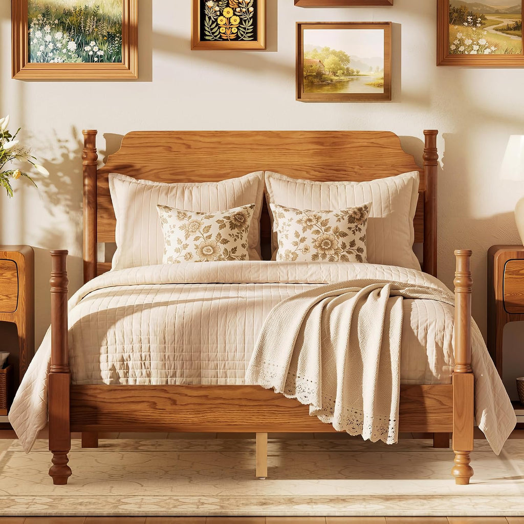 Merax Vintage Wood Spindle Post Bed with Headboard, Full Size Traditional Platform Bed Frame/No Box Spring Needed/Easy Assemble, Light Walnut