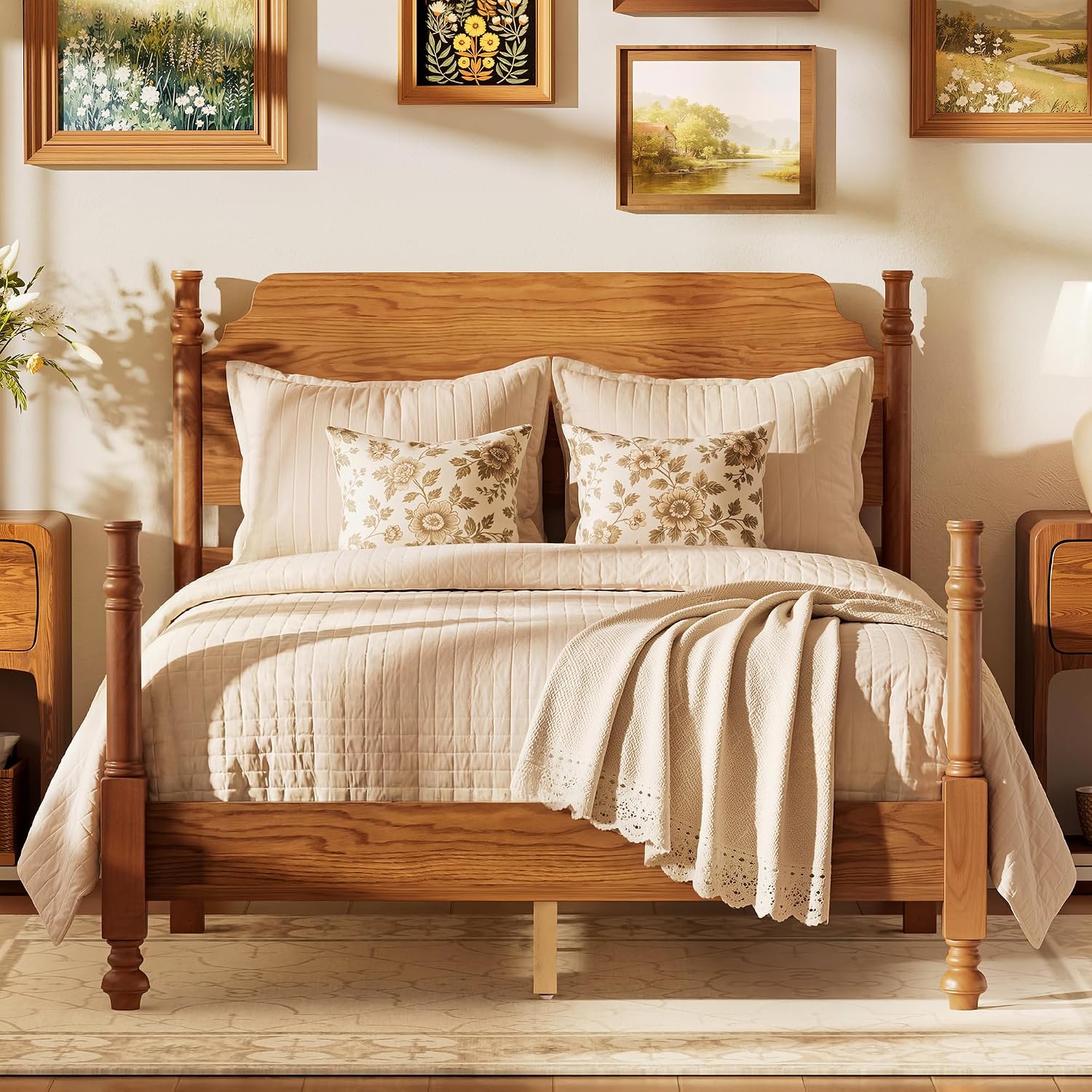 Merax Vintage Wood Spindle Post Bed with Headboard, Full Size Traditional Platform Bed Frame/No Box Spring Needed/Easy Assemble, Light Walnut