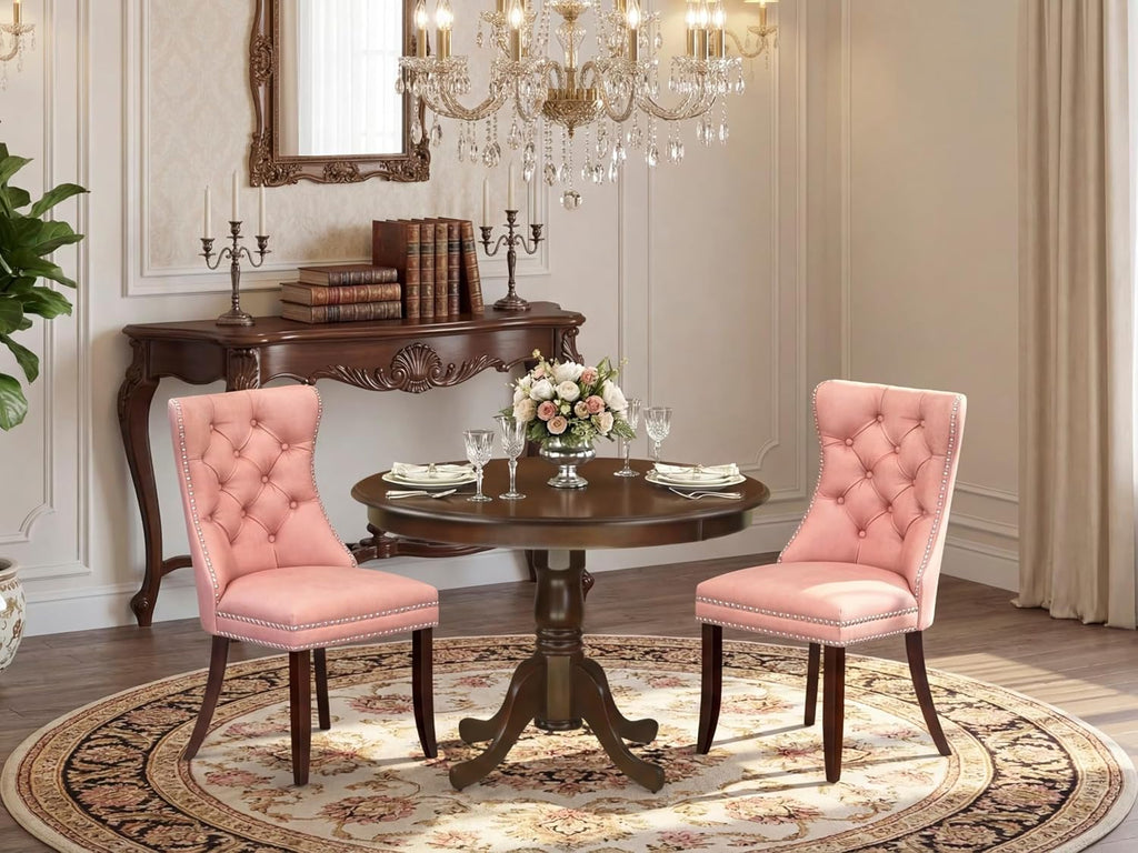 East West Furniture HLDA3-MAH-23 3 Piece Dining Set Consists of a Round Kitchen Table with Pedestal and 2 Polyester Fabric Parson Chairs, 42x42 Inch, Mahogany