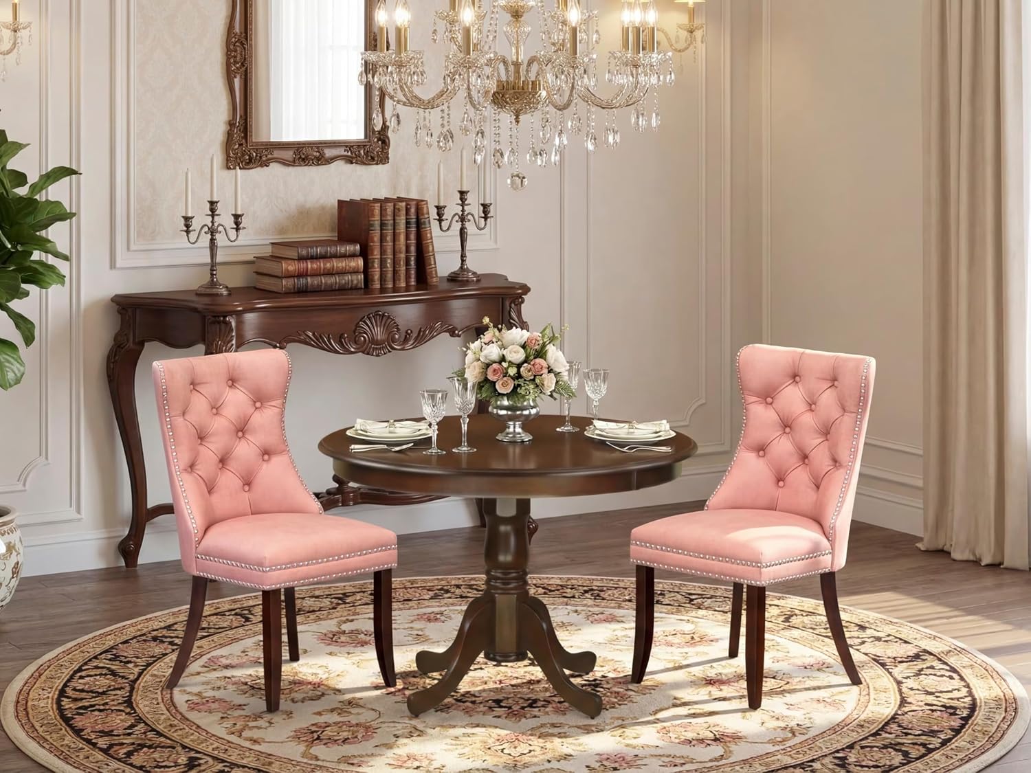 East West Furniture HLDA3-MAH-23 3 Piece Dining Set Consists of a Round Kitchen Table with Pedestal and 2 Polyester Fabric Parson Chairs, 42x42 Inch, Mahogany