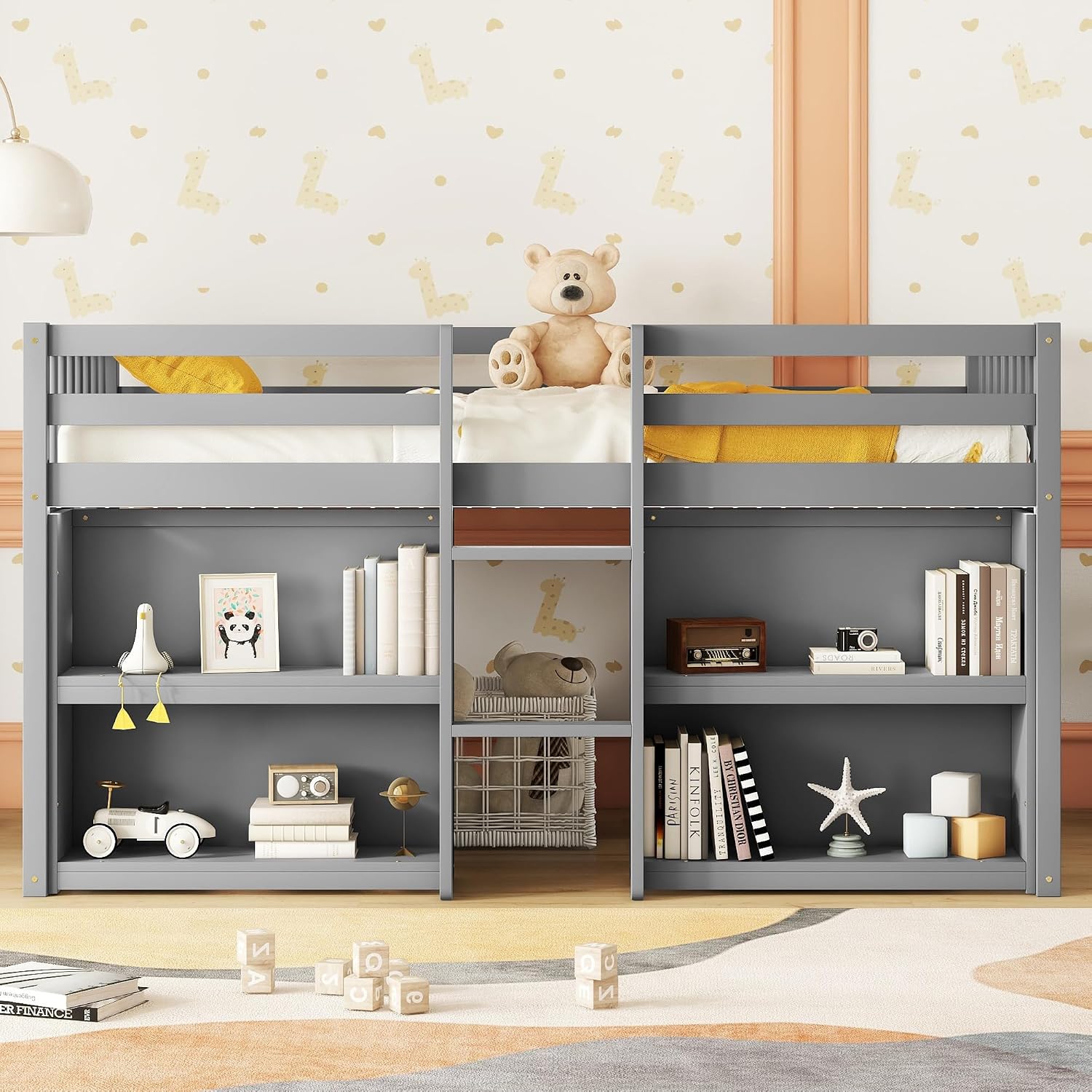Twin Size Low Loft Bed with Two-Tier Shelves, Multifunction Wood Loft Bed Frame with Built-in Stairs, Storage Underneath, Sturdy Slats Support, Space Saving Loft Bed for Kids Boys Girls (Gray * 01)