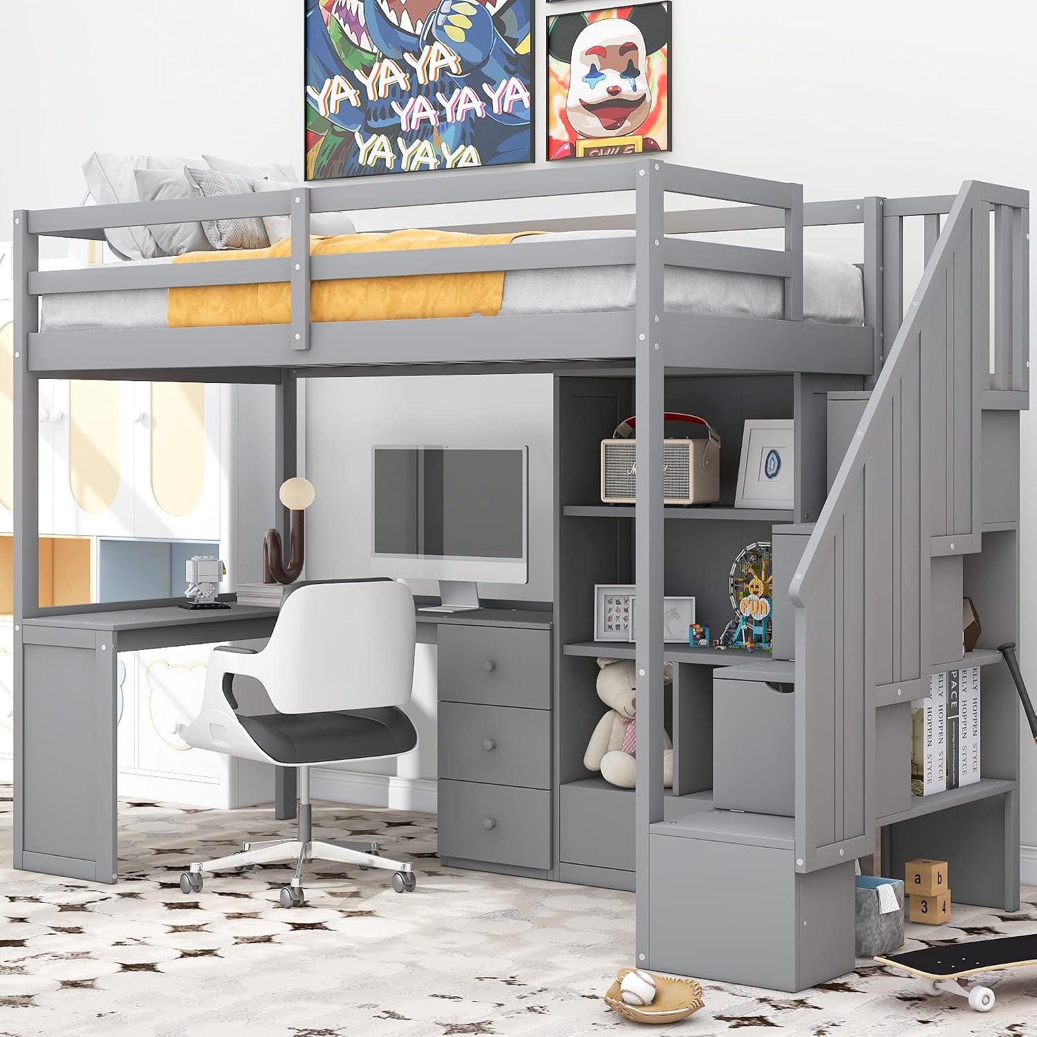 Twin Size Loft Bed with L-Shaped Desk and Drawers,Multifunctional Wooden Bed Frame,W/Cabinet and Storage Staircase, No Box Spring Requiredfor Kids Boys Girls Teens,Gray