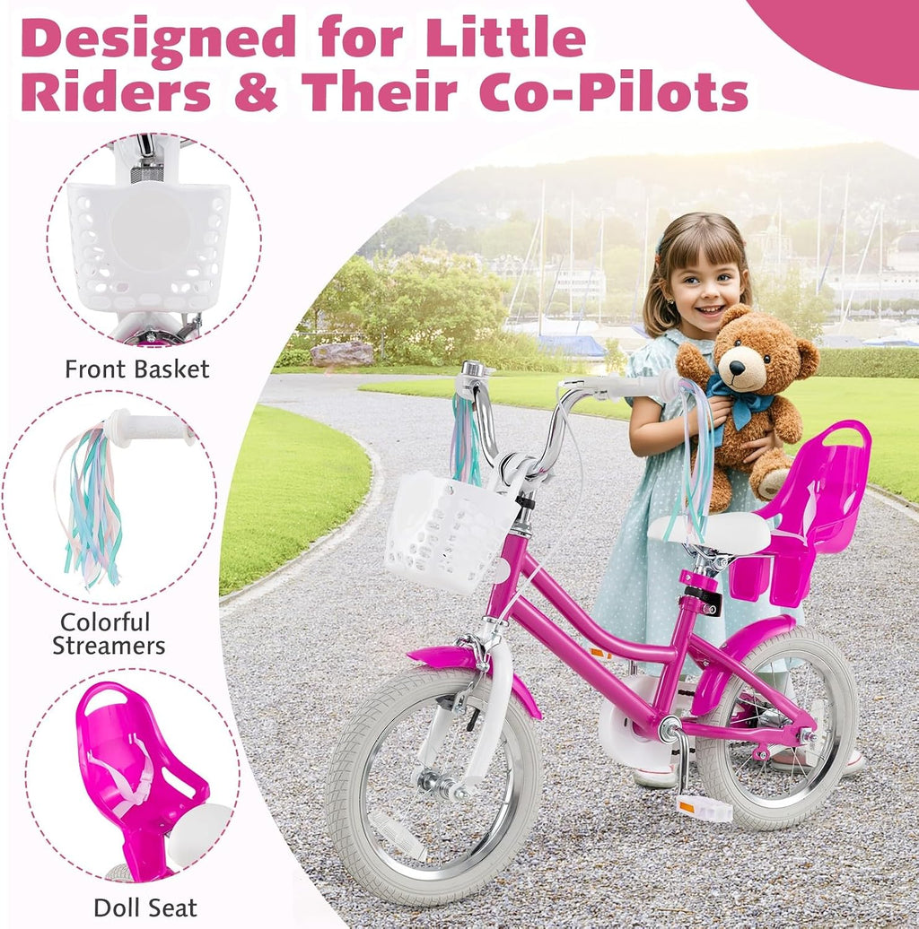 HONEY JOY Kids Bike, 12 14 16 18 Inch Girls Bike w/Training Wheels, Doll Seat, Streamers, Handbrake & Coaster Brake, Fully Enclosed Chain, Princess Style Children Bicycle, Gift for Girls 3-8