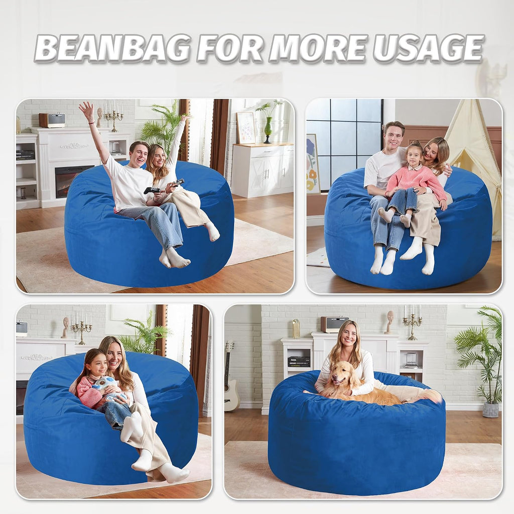 5FT Bean Bag Chair with Ultra Soft Velvet Cover Bean Bag Sofa with Memory Foam Bean Bag Chairs with Large Size Lazy Sofa for Dorm Office Living Room Bedroom Blue 5'