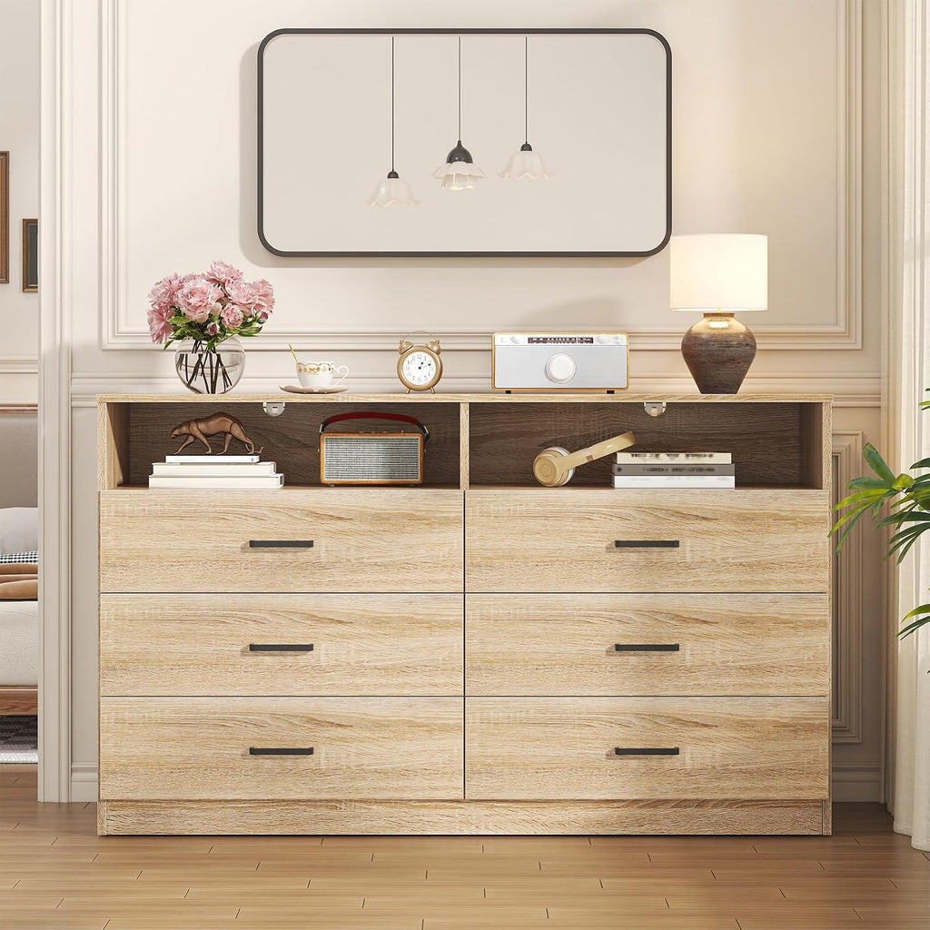 Bigbiglife 6 Drawers Dresser for Bedroom Wooden Drawer with Open Storage Cubby, Double Wide Dresser Organizer for Bedroom, Living Room, Entryway, Hallway (Light Oak)