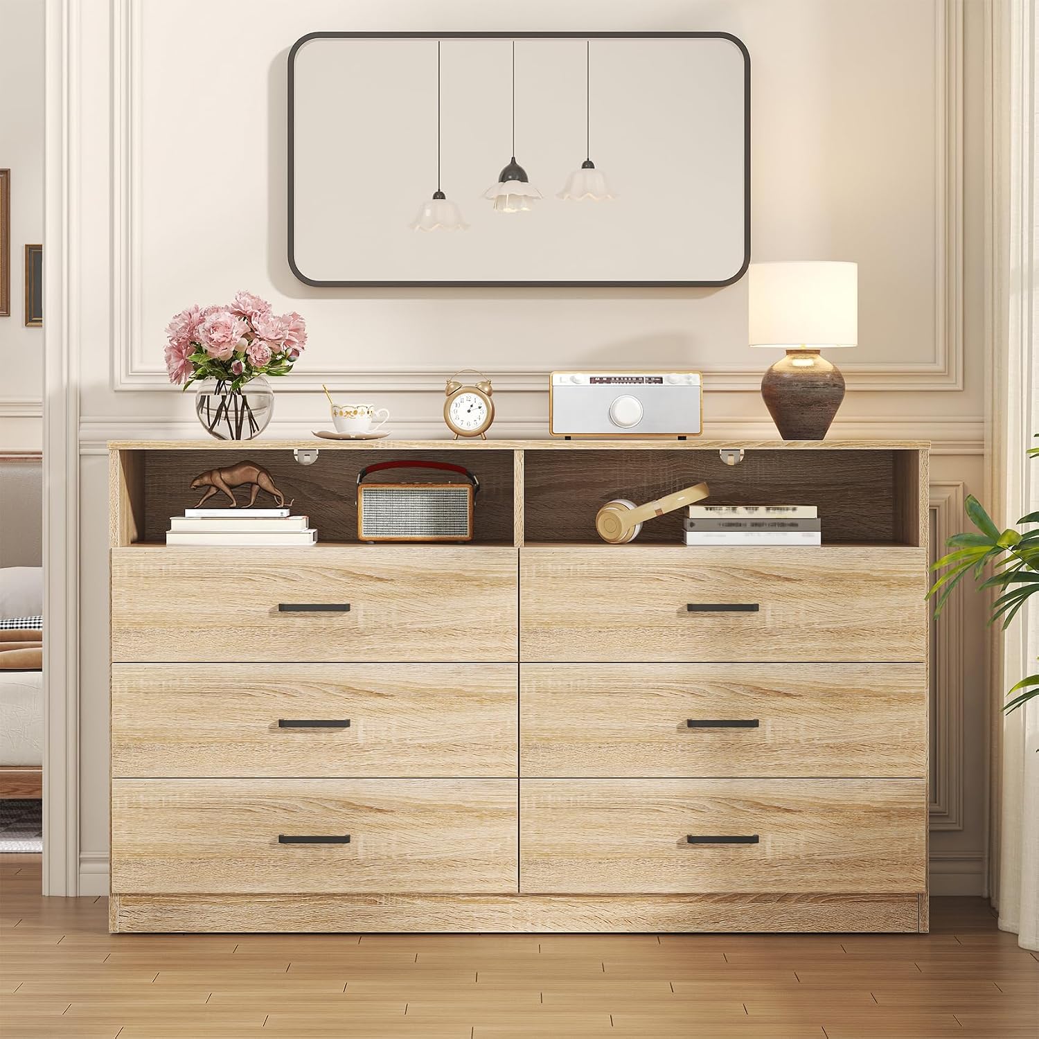 Bigbiglife 6 Drawers Dresser for Bedroom Wooden Drawer with Open Storage Cubby, Double Wide Dresser Organizer for Bedroom, Living Room, Entryway, Hallway (Light Oak)