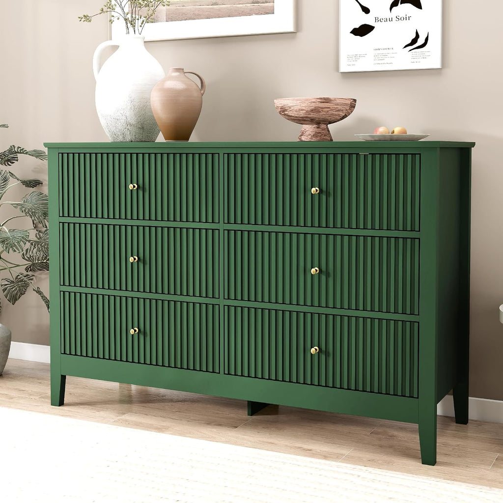 Green Dresser for Bedroom, 6 Drawers Fluted Chest of Drawers with Storage, Modern 47'' Wide Dresser with Paint Design, Wood Drawer Organizer Dressers for Entryway, Hallway