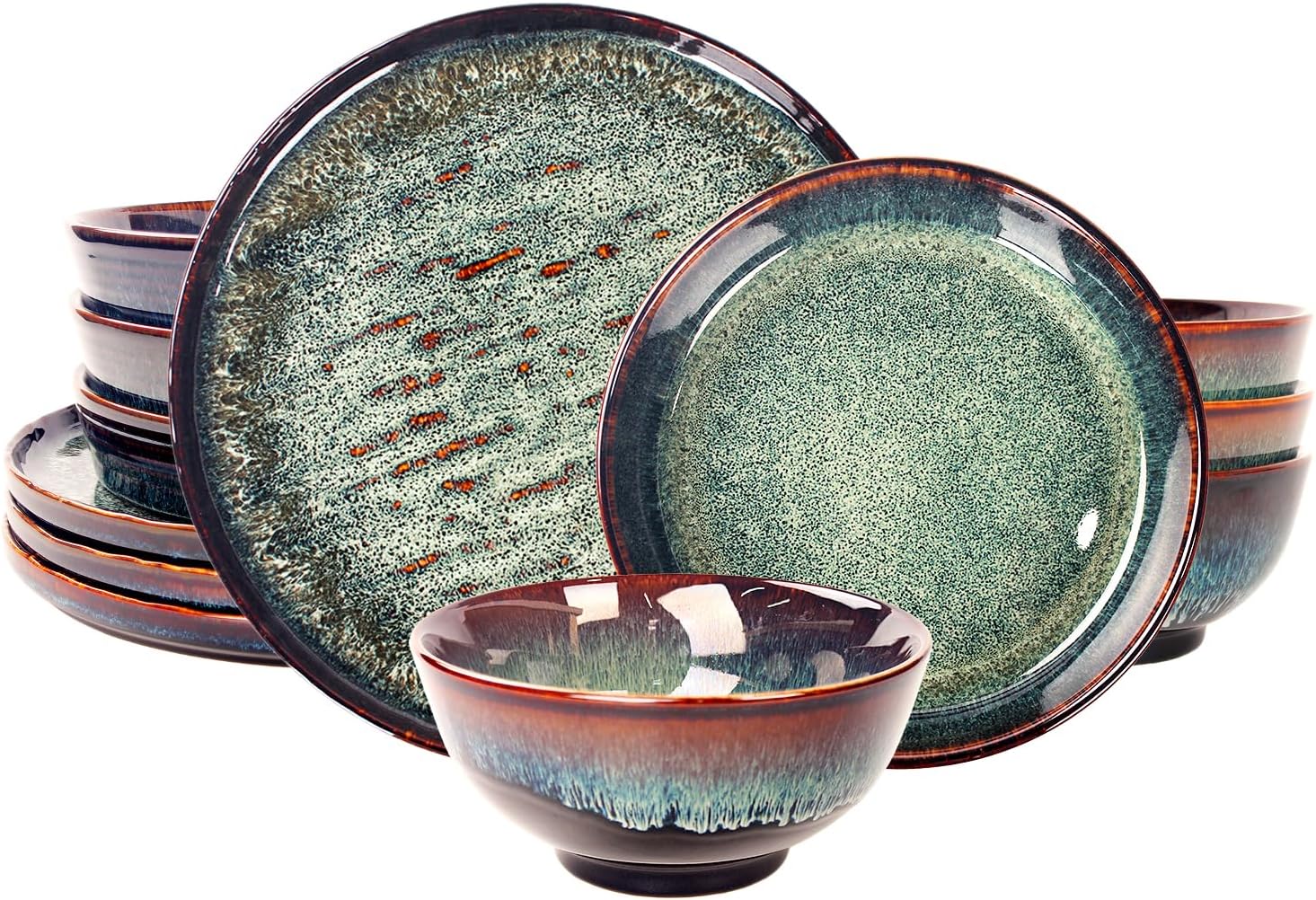 This 12-piece round active glaze porcelain tableware set includes plates, bowls, and soup plates, serving up to 4 people. It is microwave and dishwasher safe. (Set (No.4))