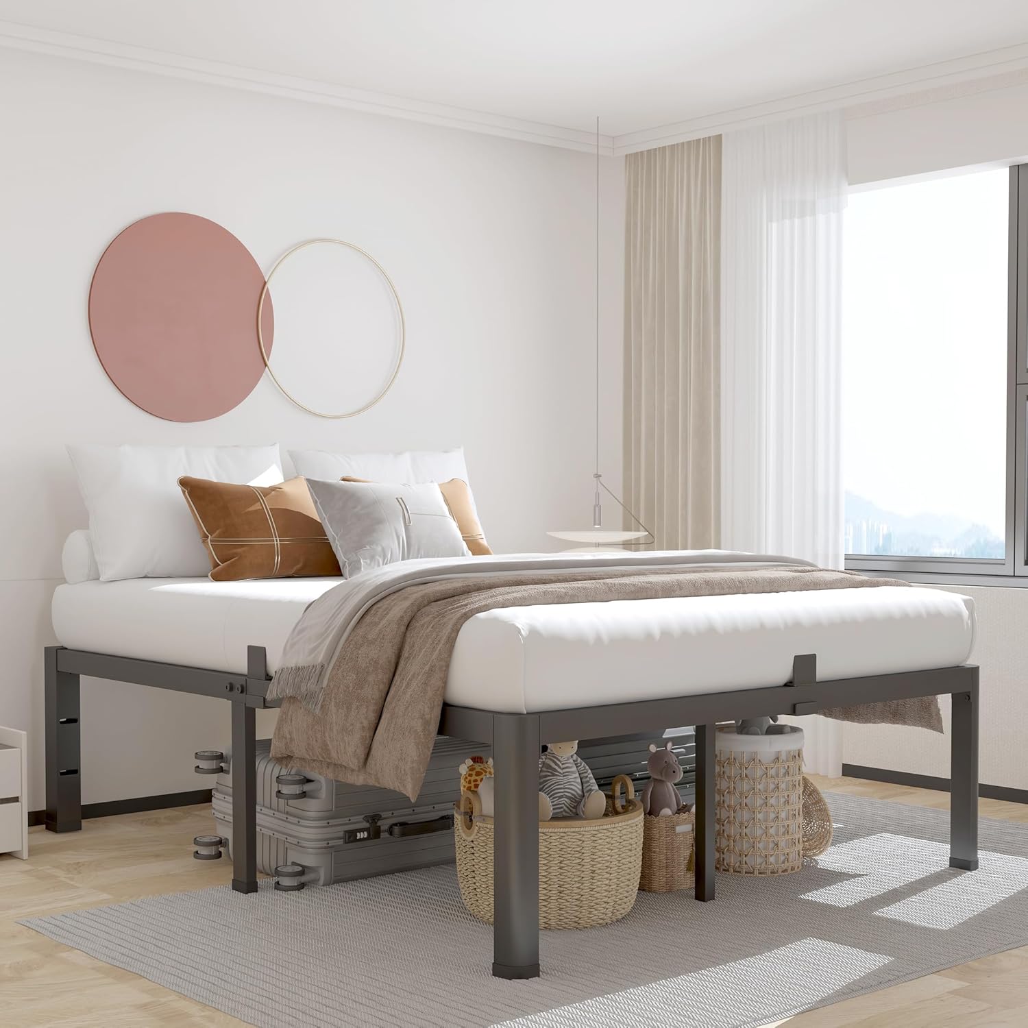 ROIL 16 Inch King Bed Frame with Rounded Corner and Headboard Hole Mattress Retainers 3500LBS Metal Heavy Duty Steel Slats No Box Spring Needed Platform Noise-Free Easy Assembly
