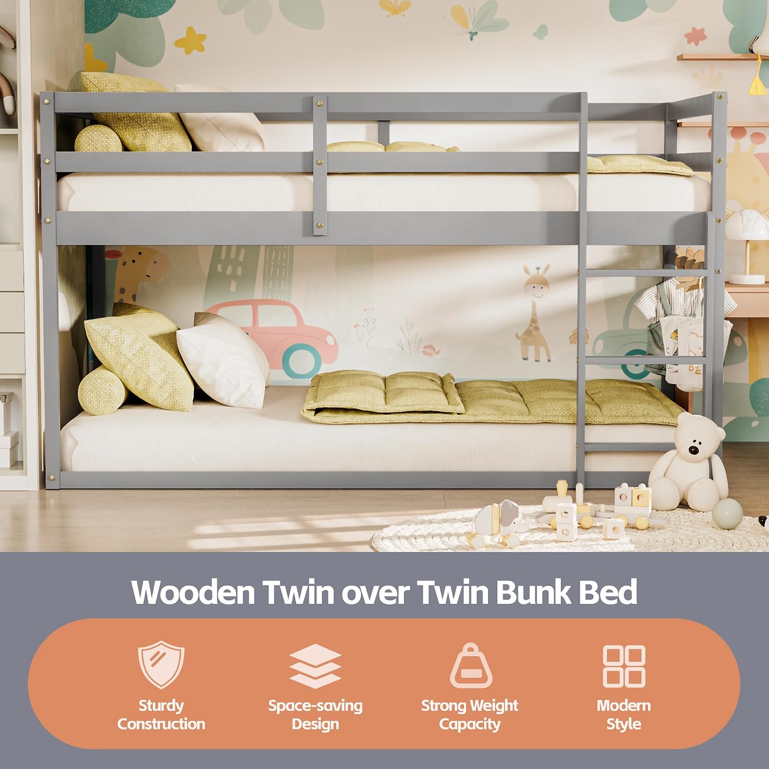 TOLEAD Low Bunk Bed Twin Over Twin, Floor Bunk Bed with Ladder, Twin Bunk Bed with Full Guardrails, Wooden Bunk Bed for Juniors, Boys, Girls, Kids, Bedrooms (Grey)