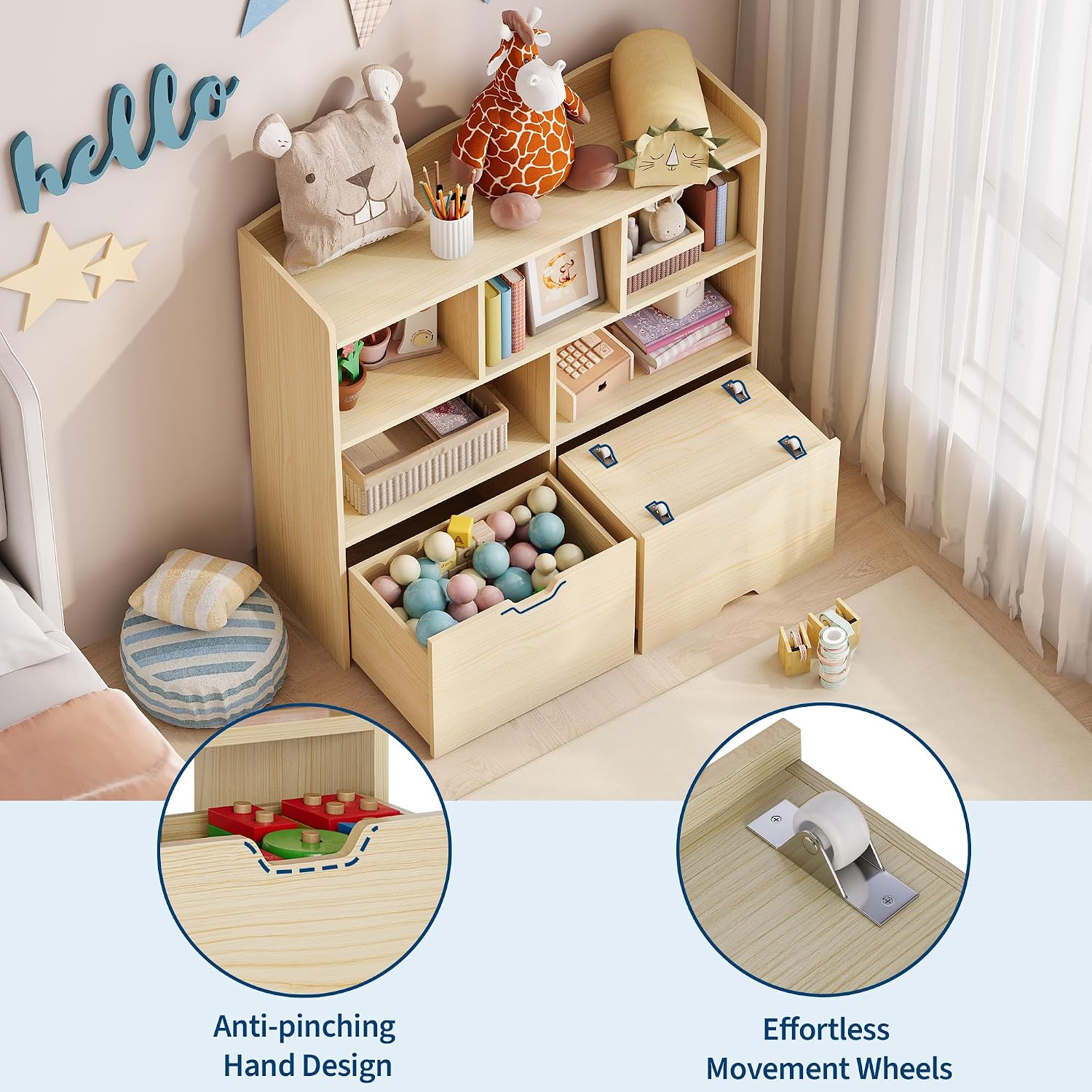 IDEALHOUSE Toy Storage Cabinet, Kids Bookshelf with Movable Drawers and Open Shelves, Kids Bookcase Organizer for Playroom Nursery Kindergarten